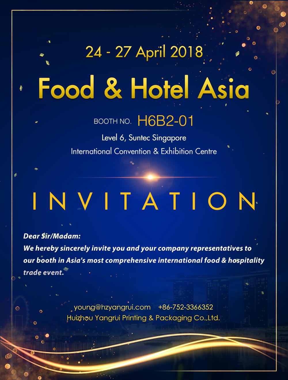 Yangrui participará en alimentos andHotel Asia 24-27 de abril de 2018