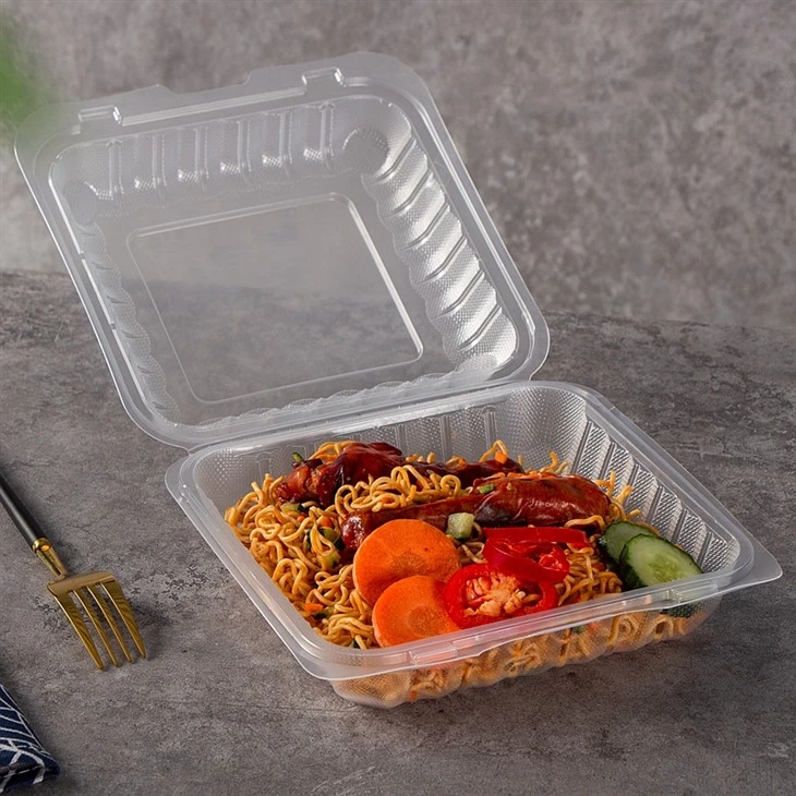 Cajas para llevar de plástico PP transparente Clamshell 8 "x8" 1 compartimento Tapa transparente con bisagras para llevar Contenedores de comida para llevar