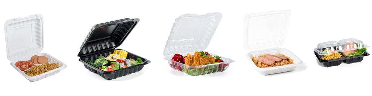 Hinged plastic to-go box Hinged plastic to-go box
